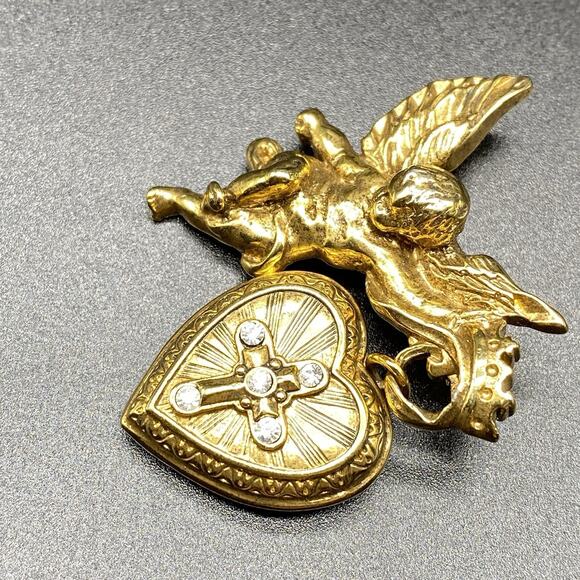 Vintage Vatican Library Collection Angel Cross Heart Locket Brooch Rhinestone - Picture 3 of 5